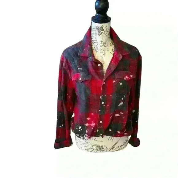 VINTAGE Plaid Button Down with Handmade Distressing ❤️💚 - Picture 1 of 6
